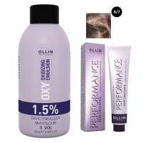 Фото Ollin Professional Performance - Набор (Перманентная крем-краска для волос, оттенок 8/7 светло-русый коричневый, 60 мл + Окисляющая эмульсия Oxy 1,5%, 90 мл)