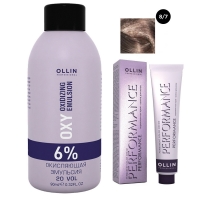 Ollin Professional Performance - Набор (Перманентная крем-краска для волос, оттенок 8/7 светло-русый коричневый, 60 мл + Окисляющая эмульсия Oxy 6%, 90 мл) baco color collection крем краска с гидролизатами шелка b5 0sk 5 0sk светлый каштан 100 мл baco silkera