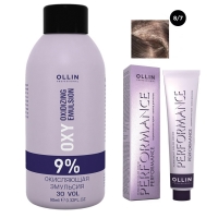 Ollin Professional Performance - Набор (Перманентная крем-краска для волос, оттенок 8/7 светло-русый коричневый, 60 мл + Окисляющая эмульсия Oxy 9%, 90 мл) kapous крем эмульсия 9% hyaluronic cremoxon с гиалуроновой кислотой 150