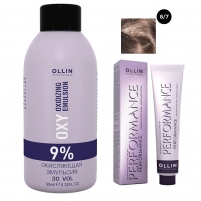 Фото Ollin Professional Performance - Набор (Перманентная крем-краска для волос, оттенок 8/7 светло-русый коричневый, 60 мл + Окисляющая эмульсия Oxy 9%, 90 мл)