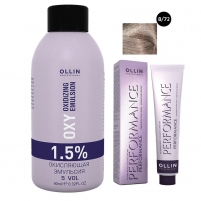 Фото Ollin Professional Performance - Набор (Перманентная крем-краска для волос, оттенок 8/72 светло-русый коричнево-фиолетовый, 60 мл + Окисляющая эмульсия Oxy 1,5%, 90 мл)