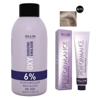 Ollin Professional Performance - Набор (Перманентная крем-краска для волос, оттенок 8/72 светло-русый коричнево-фиолетовый, 60 мл + Окисляющая эмульсия Oxy 6%, 90 мл) набор коврик и валик для акупунктуры clevercare фиолетовый