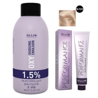 Ollin Professional Performance - Набор (Перманентная крем-краска для волос, оттенок 9/00 блондин глубокий, 60 мл + Окисляющая эмульсия Oxy 1,5%, 90 мл) baco color collection крем краска с гидролизатами шелка b8 0sk 8 0sk светлый блондин 100 мл baco silkera