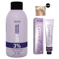 Ollin Professional Performance - Набор (Перманентная крем-краска для волос, оттенок 9/00 блондин глубокий, 60 мл + Окисляющая эмульсия Oxy 3%, 90 мл) уход ollin