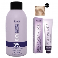 Фото Ollin Professional Performance - Набор (Перманентная крем-краска для волос, оттенок 9/00 блондин глубокий, 60 мл + Окисляющая эмульсия Oxy 3%, 90 мл)