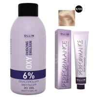 Ollin Professional Performance - Набор (Перманентная крем-краска для волос, оттенок 9/00 блондин глубокий, 60 мл + Окисляющая эмульсия Oxy 6%, 90 мл) baco color collection крем краска с гидролизатами шелка b5 0sk 5 0sk светлый каштан 100 мл baco silkera