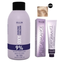 Ollin Professional Performance - Набор (Перманентная крем-краска для волос, оттенок 9/00 блондин глубокий, 60 мл + Окисляющая эмульсия Oxy 9%, 90 мл) baco color collection крем краска с гидролизатами шелка b5 0sk 5 0sk светлый каштан 100 мл baco silkera