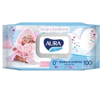 Aura - Влажные салфетки для детей Ultra Comfort с экстрактом алоэ и витамином Е 0+, 100 шт