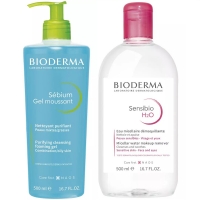 Bioderma - Набор для очищения жирной кожи: гель, 500 мл + мицеллярная вода, 500 мл bioderma себиум гель мусс очищающ 200 мл туба