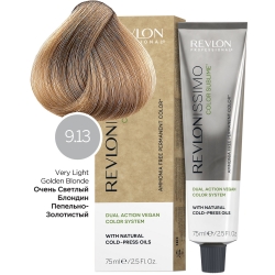 Фото Revlon Professional Revlonissimo - Безаммиачный перманентный веганский краситель с маслами холодного отжима 9.13 очень светлый блондин пепельно-золотистый, 75 мл