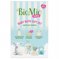 Фото BioMio - Детский набор для купания Baby 0+: жидкое мыло 300 мл + крем-мыло 90 г + мочалка