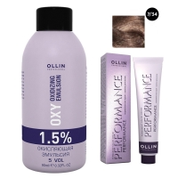 Ollin Professional Performance - Набор (Перманентная крем-краска для волос, оттенок 7/34 русый золотисто-медный, 60 мл + Окисляющая эмульсия Oxy 1,5%, 90 мл) окисляющая крем эмульсия 1 5% 5vol oxidizing emulsion cream ollin silk touch 729070 90 мл
